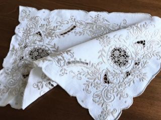 Vintage Off White Linen Taupe Hand Embroidered Table Centre Tray Cloth 16x10”