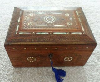 Vintage Wooden Box Inlaid With Mother Of Pearl And Brass Wire Work.  Locking Key.
