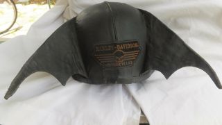 Vintage Black Leather Harley Davidson Motorcycle Helmet With Wings & Camo Cover