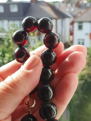 Antique,  Art Deco Dark Cherry Amber Bakelite Necklace,  Round Beads,  47 Gr