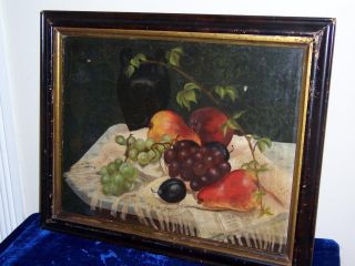 Antique Signed Still Life Fruit Grapes Plums Pears Ivy Leaves Oil Painting