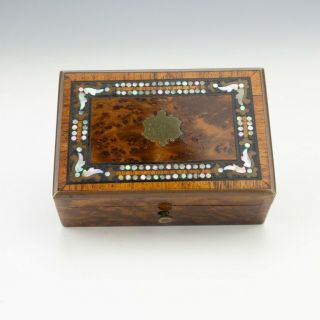 Antique Victorian Walnut Wood Box - With Mother Of Pearl & Brass Inlaid Lid 2