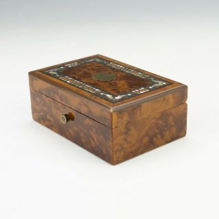 Antique Victorian Walnut Wood Box - With Mother Of Pearl & Brass Inlaid Lid 5