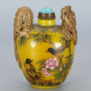 Chinese Exquisite Handmade Flower Bird Pattern Dragon Glass Gilt Snuff Bottle