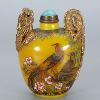 Chinese Exquisite Handmade flower bird pattern Dragon Glass Gilt snuff bottle 3