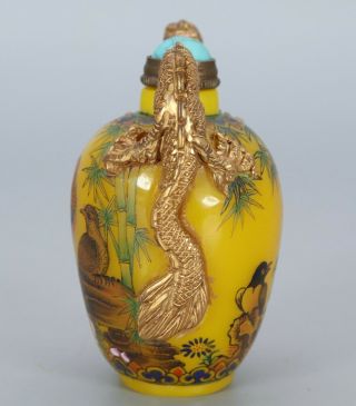 Chinese Exquisite Handmade flower bird pattern Dragon Glass Gilt snuff bottle 4