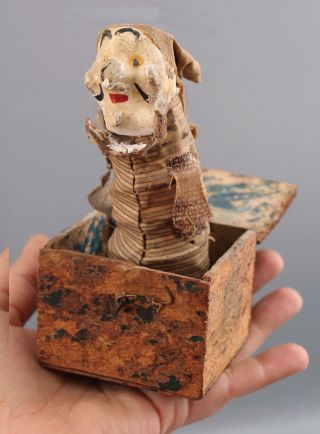 Small 19thc Antique German Cloth & Paper Mache Jack In The Box Toy