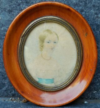 Antique C19th Victorian Miniature Portrait Painting Of A Lady Oval Wood Frame