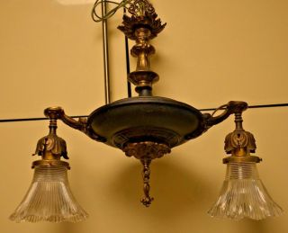Antique 1920 ' s 2 Bulb Pan Style Art Deco Brass Ceiling Light Fixture 2