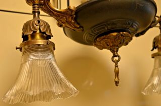 Antique 1920 ' s 2 Bulb Pan Style Art Deco Brass Ceiling Light Fixture 5