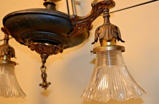Antique 1920 ' s 2 Bulb Pan Style Art Deco Brass Ceiling Light Fixture 6