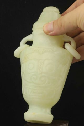 Chinese Old Natural Jade Hand - Carved Dragon Statue Double Ring Bottle Vase