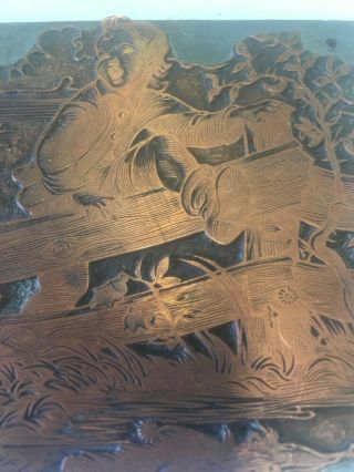 Antique 1890 ' s Copper & Metal Printing Plate Cartoon Child Playing In The Yard 2