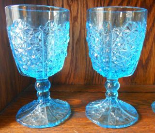 5 Daisy & Button with Thumbprint Goblet s Blue Glass Adams & Co 86 Antique EAPG 2