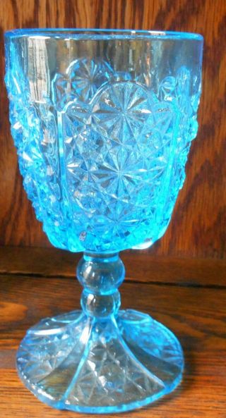 5 Daisy & Button with Thumbprint Goblet s Blue Glass Adams & Co 86 Antique EAPG 3