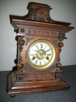 Antique 19th C Hamburg American Clock Company Oak Architectural Mantel Clock