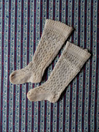 Pair Antique/vintage Doll Socks Cream Knitted Cotton Fancy Pattern Vgc