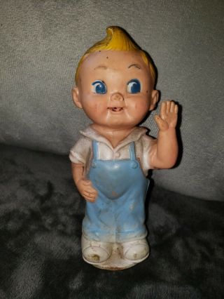 Vintage Rubber Doll Ruth E.  Newton Sun Rubber Co Boy Wearing Blue/white Overalls