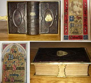 1865 Antique Bible Old Oxford Church Service Illumination Fine Leather Binding