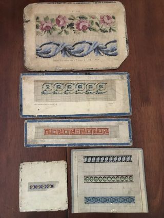 Set Of 5 Antique Berlin Woolwork Pattern Chart Tapestry Signed (border Patterns)