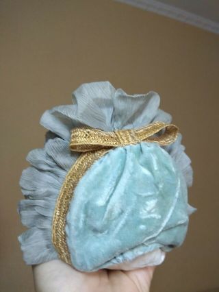 Marvelous antique velvet,  silk and straw Bebe doll bonnet,  German/French 3