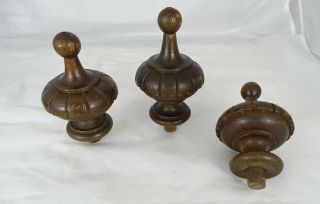 3 Antique French Hand Turned Wooden Finials Solid Oak Renaissance Style