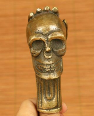 Asian Old Bronze Hand Carving Skull Head Statue Walking Stick Noble Decorate
