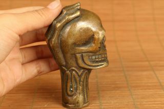 Asian old bronze Hand carving skull head statue walking stick noble decorate 4
