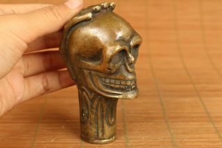 Asian old bronze Hand carving skull head statue walking stick noble decorate 5