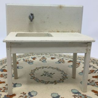 Vintage Dollhouse Miniature Country Off White Wood Sink Hand Painted Furniture