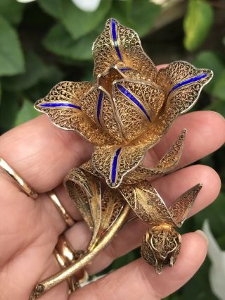 Huge Antique Sterling Silver Gilt & Enamel Filigree Orchid Flower Brooch/pin