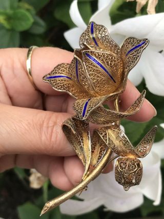 HUGE ANTIQUE STERLING SILVER GILT & ENAMEL FILIGREE ORCHID FLOWER BROOCH/PIN 5
