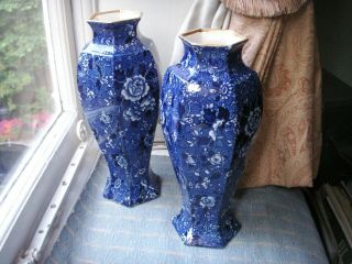 Old Antique Staffordshire Blue And White Pottery Pair Transfer Ware Vases C.  1910