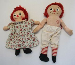 Pair Old Raggedy Ann Dolls Cloth Dress 1963 Gruelle Tag Knickerbocker Vintage
