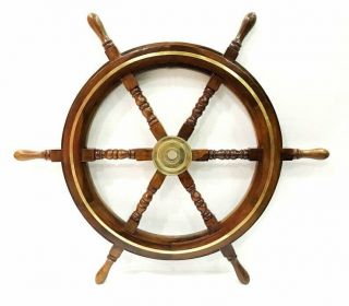 Antique Sheesham Wooden Maritime Decor 24 " Captains Ship Wheel Brass Ring Wall H
