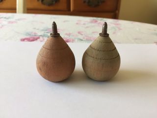 2 Vintage Antique Wood Spinning Tops Toy Wood W/ Metal Tip Spin Top