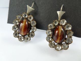Unusual Antique,  Faux Banded Agate And Paste,  Gilded Brass Earrings - Victorian.