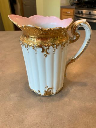 Vtg Ornate Porcelain Chocolate Pot Pitcher Ewer Coffee Tee Lemonade Gold Pink