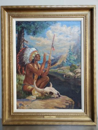 Antique 1905 Native American Painting Oil On Canvas Illustration Indian Chief