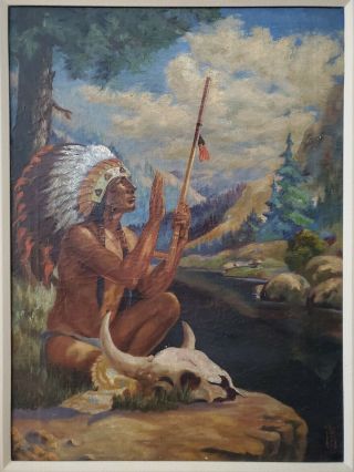 ANTIQUE 1905 NATIVE AMERICAN PAINTING OIL ON CANVAS ILLUSTRATION INDIAN CHIEF 2