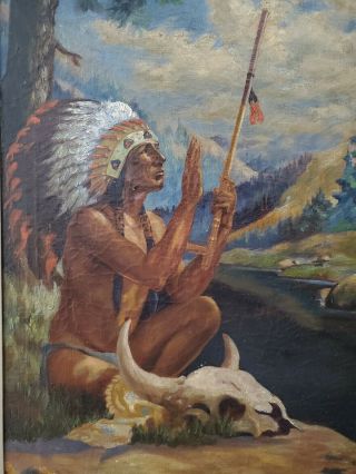ANTIQUE 1905 NATIVE AMERICAN PAINTING OIL ON CANVAS ILLUSTRATION INDIAN CHIEF 4