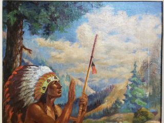 ANTIQUE 1905 NATIVE AMERICAN PAINTING OIL ON CANVAS ILLUSTRATION INDIAN CHIEF 5