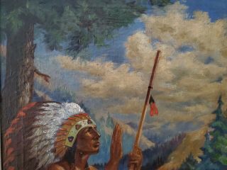 ANTIQUE 1905 NATIVE AMERICAN PAINTING OIL ON CANVAS ILLUSTRATION INDIAN CHIEF 6