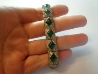 Antique Art Deco Emerald Green Paste Glass Bracelet Pot Metal