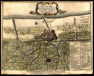 1732 Rapin De Thoyras Engraved Hand Colored Map Seaport Of Dunkirk World War Ii