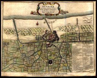1732 Rapin de Thoyras Engraved Hand Colored Map Seaport of Dunkirk World War II 2