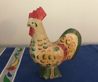 Antique White & Green Swedish Dala Rooster Chicken Carved Wood Painted 4 "