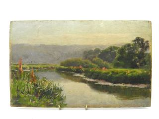 Antique Late 19th Century Oil Painting On Panel Impressionist River Landscape