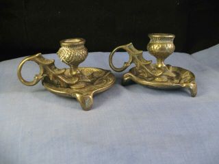 Edwardian Antique Brass Pair Candlesticks Thistles Go To Bed X2 Candle Holders