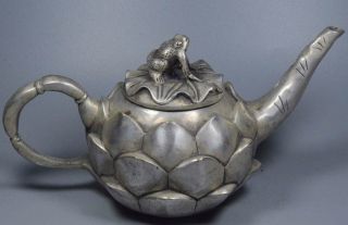 Souvenir China Collectable Hand Miao Silver Carve Beauty Lotus Frog Lid Tea Pot